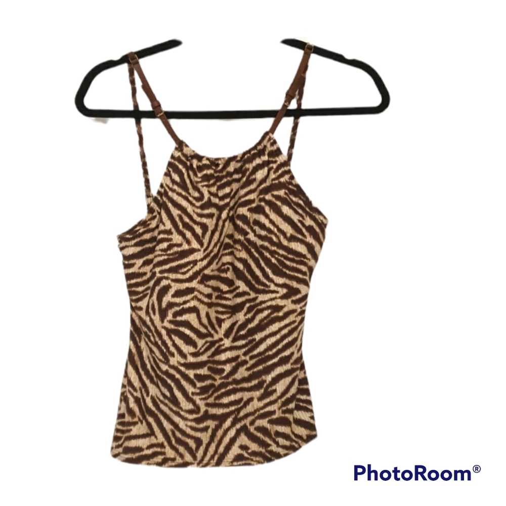 Michael Kors Brown Zebra Print Tank Top Swimwear w/ faux leather shoulder straps